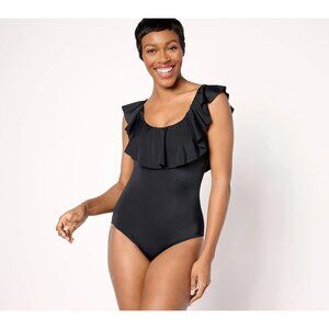 Women with Control Tummy Control Ruffle One Piece Swimsuit Sz 16 Black Beach NEW